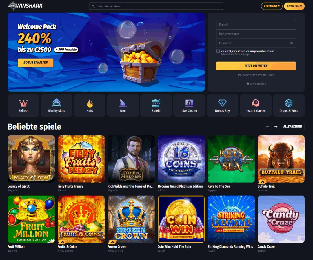 Winshark Online Casino Webseite Winshark Casino Startseite